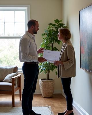 Architetto che consulta i piani con un cliente in un interno elegante