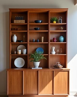 Libreria artigianale di design con scaffali asimmetrici e finiture in legno pregiato